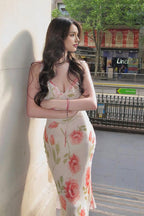 V-Neck Printed Backless Slip Dress