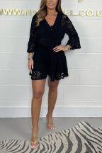 Emilee Lace Tie Neck Bell Sleeve Top and Elastic Waist Loose Shorts Set