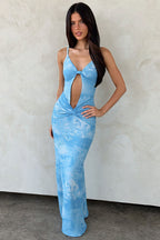 Butterfly Print Cutout Twist V Neck Cami Maxi Dress