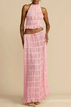 Versatile retro charm pleated drawstring waistline long skirt set
