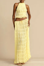 Versatile retro charm pleated drawstring waistline long skirt set