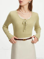 3.9% Wool U - Neck Lace - Up Slim Sweater