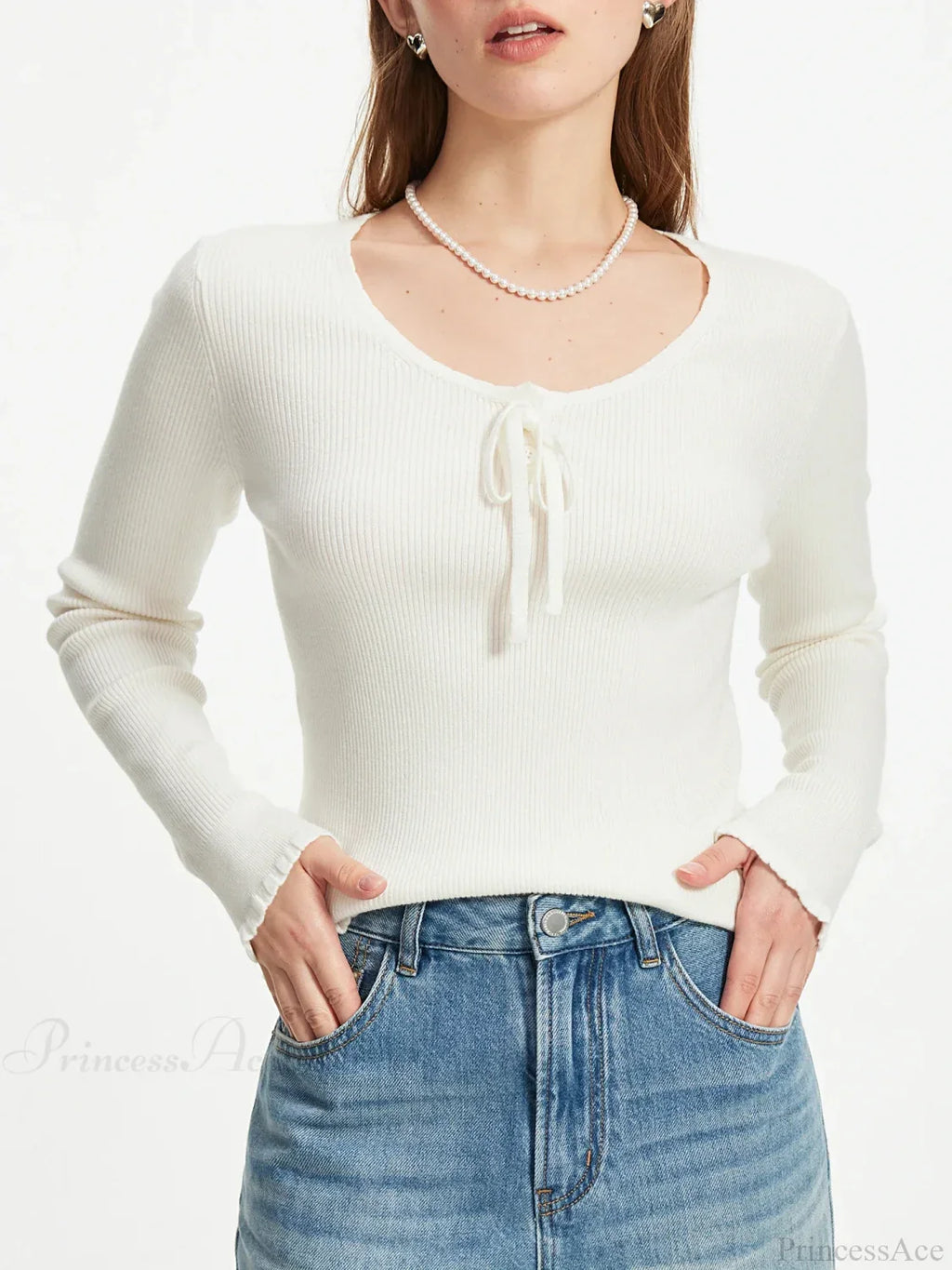 3.9% Wool U - Neck Lace - Up Slim Sweater
