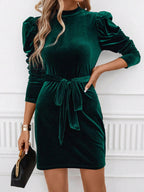 Noemí Timeless Mini Dress with Stand Up Collar, Tie Waist and Puff Sleeves Premium Wardrobe Essential