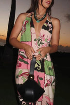 Vacation Night Unique Color-block Print U-shaped Shoulder Strap Maxi Dress