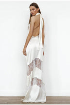 Slim Elegant V Neck Lace Halter Maxi Dress
