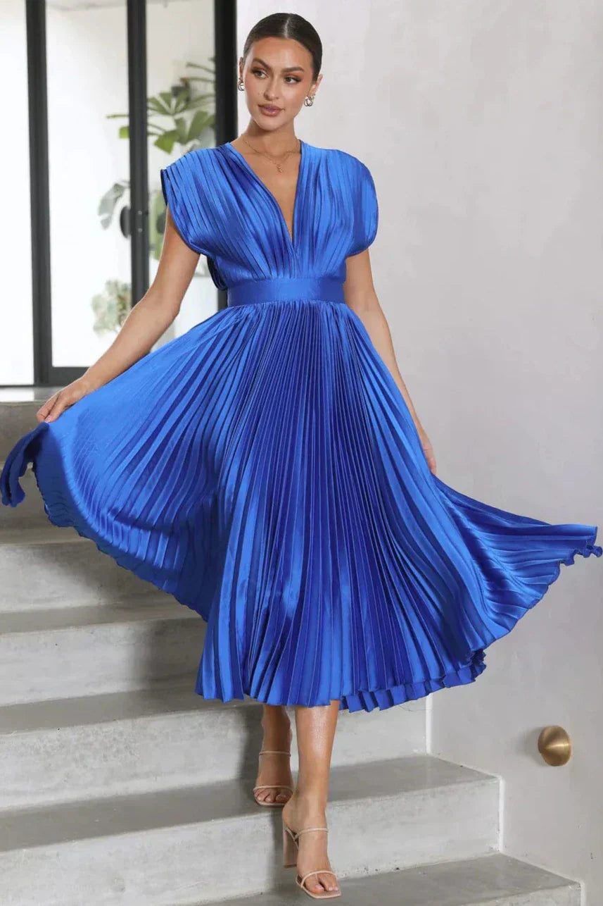 Cristina Effortless Dress Pleated V Neck Midi Chic Silhouette Collection