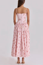 Romantic Countryside Stretch Cotton Blend Floral Print Cutout Trim Slip Midi Dress