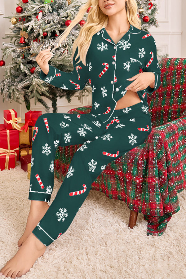 Snowflake Candy Print Casual Long-sleeved Shirt and Elastic Waist Pants Set
