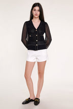 Black Sheer Long Sleeve Pointelle-Knit Cardigan With Gold Buttons