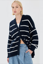 Cotton Stripe V Neck Cardigan