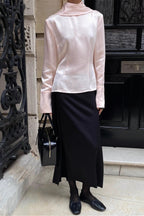 Striped Satin Turtleneck Tie Waist Slim Blouse