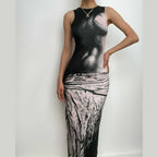 Contrast print sleeveless crewneck slit midi dress