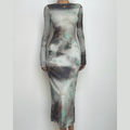 Long sleeve crewneck tie dye mesh gloves contrast midi dress
