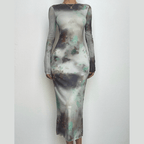 Long sleeve crewneck tie dye mesh gloves contrast midi dress