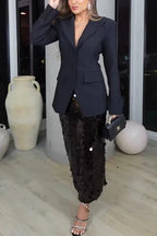 Chic Holiday Look Padded Shoulder Fitted Waist Long Sleeve Pocket Lapel Blazer
