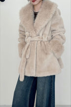 Faux Animal Fur Suede Mid-Length Notch Collar Tie Waist Coat