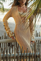 Stylish V-neck Flared Long-sleeved Knit Sequined Maxi Dress