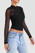Sexy Sheer Mesh Paneled Zipper Long Sleeve Slim Crop Top