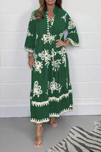 Floral Print Band Collar Waist Cinching Elegant Boho Dress