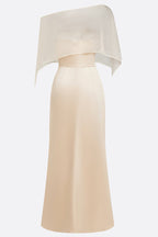 Lucero 3D Floral Satin Boat Neck Short Sleeve Sheath  Capelet Gown Maxi Dress