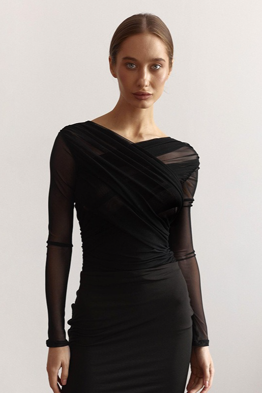 Solid Mesh Ruched Sexy Long Sleeve Crop Top