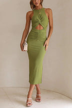 Crushing All Night Ribbed Front Cut Out Ruched Stretch Midi Dress