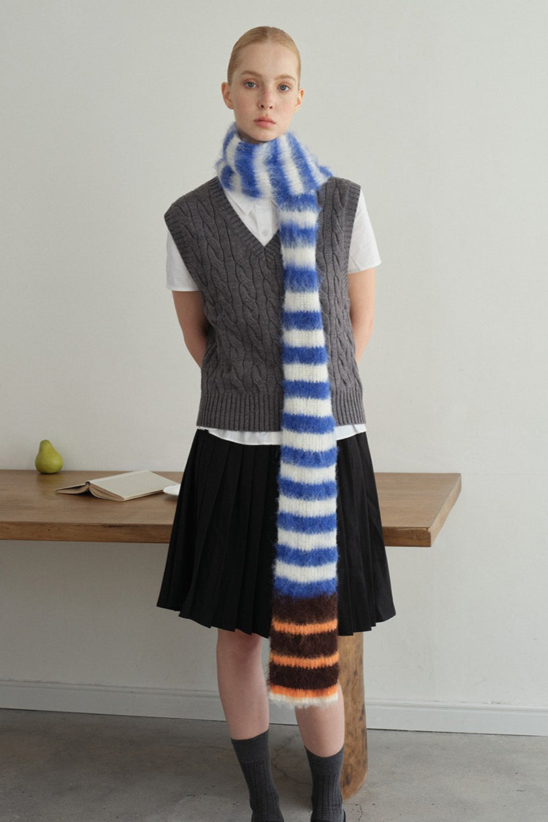 Contrast Striped Narrow Soft Wool Blend Knitted Scarf