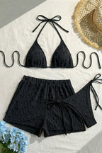 Solid Halter Lace Up Three Piece Swim Set