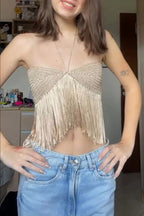Boho Style Handmake Knit Patchwork Tassel Hem Thin Straps Loose Tank