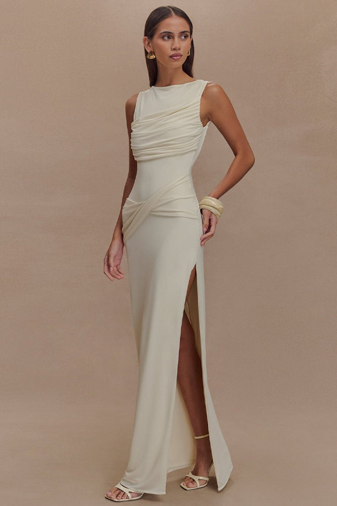 Ruched Split Backless Maxi Dress