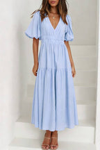 V-neck Puff Sleeve Elastic Waist Tiered Maxi Dress