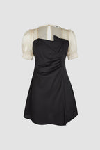 Black Draped Contrast Mesh Mini Dress