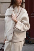 Romane Faux Fleece Fabric Contrast Trim Long Sleeve Knitted Pocket Lapel Loose Jacket