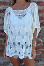 Solid Color Loose-fitting Openwork Casual Knit Top