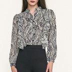 Black Zebra Print Ruffle Trim Button-Up Chiffon Work Shirt