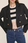 Black Textured Double-Breasted Cropped Tweed Blazer