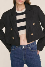 Black Textured Double-Breasted Cropped Tweed Blazer