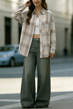 Stylish Plaid Collared Long-sleeved Pockets Casual Loose Shirt