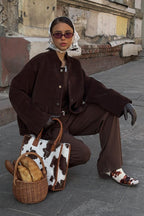 Coffee Corduroy Stand-Collar Loose Jacket