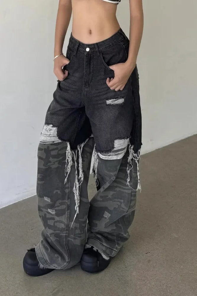 Camouflage Patchwork Baggy WideLeg Jeans