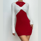 Fluffy bowknot knotted long sleeve contrast shrug mini dress