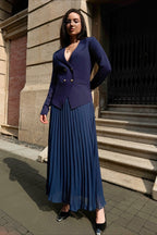 V Neck Double Breasted Knit Blazer Pleated Skirt Set