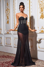 Rhinestone Mesh Bandage Strapless Bodycon Party Dress