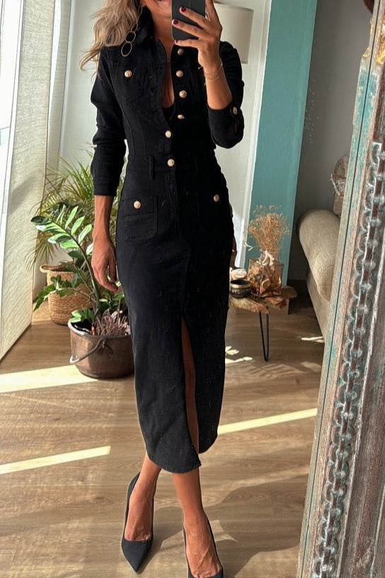 Fashionable ButtonUp Long Sleeve Denim Dress