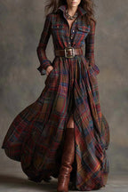 Retro Plaid Print Lapel Long-sleeved Pocket Maxi Dress