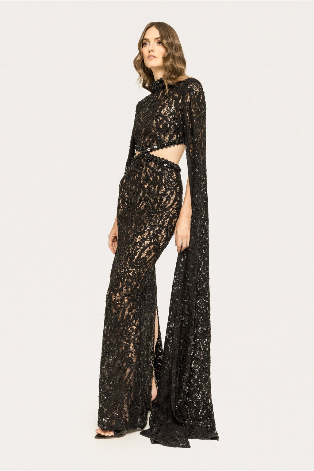 Lace Beaded Sequin Slim Cape Reception Dress