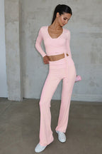 Stylish Solid Tie High-rise Flared Two Piece Set