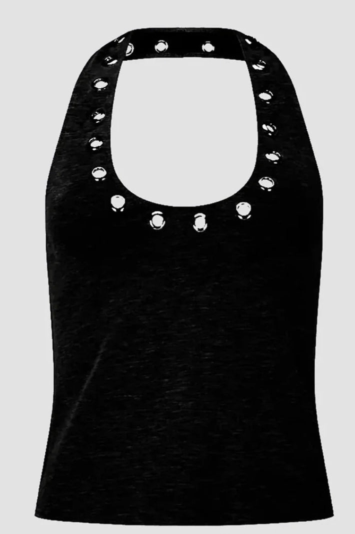 Metal Ring Cut Out Halter Sexy Fitted Tank Top
