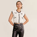 Ivory Frayed Button-Up Contrast Trim Cropped Knit Top